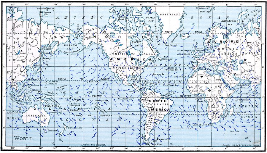 Map of World Showing Winds for July