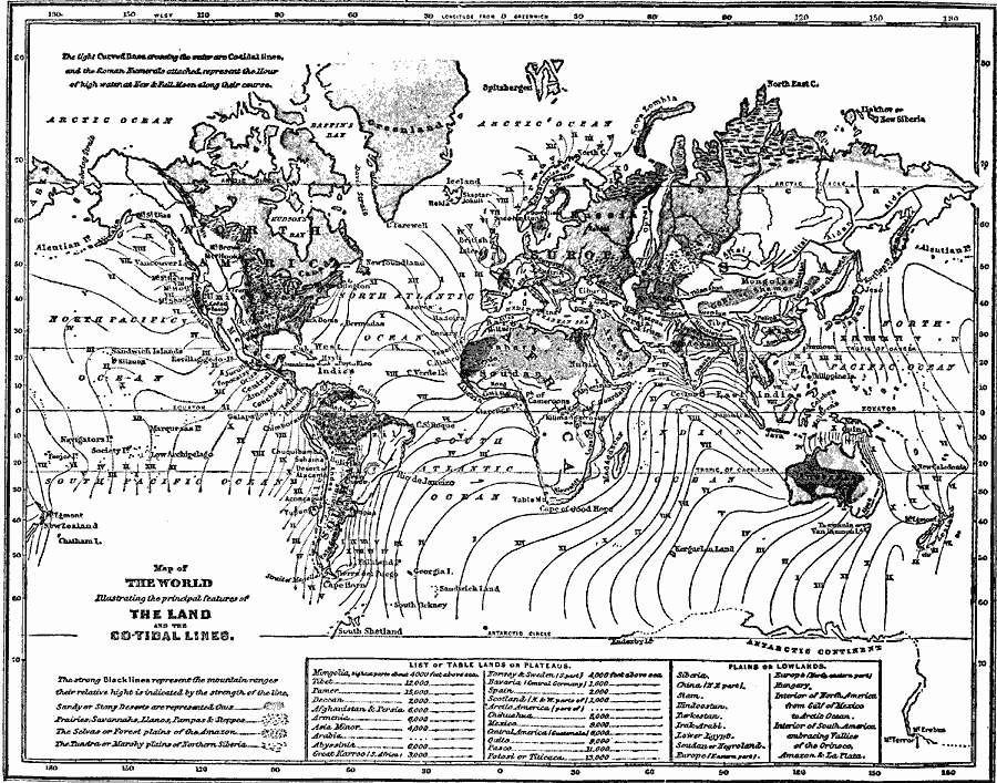 Map of the World illustrating the principal features of the land and the co-tidal lines