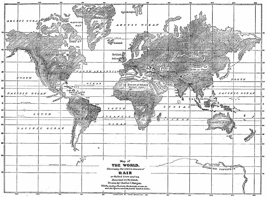 Map of the World illustrating the relative amount of Rain or Melted Snow and Ice deposited on the Lands