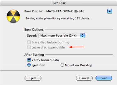 Burn CD window, More options, Leave Disc Appendable