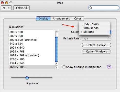 System Preferences, Displays, Display: Colors pulldown menu