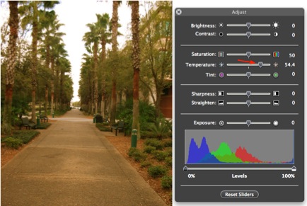 Temperature slider makes an image warmer when moved to the right
