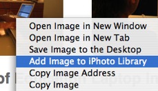 Right Click on image, Add Image to iPhoto Library