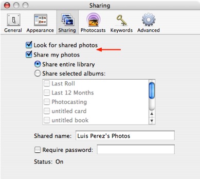iPhoto, Preferences, Sharing