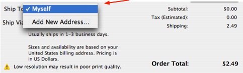 Shipping Address pulldown menu