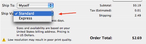 Shipping method pulldown menu