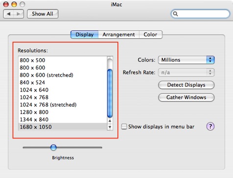 System Preferences, Displays, Display: resolutions