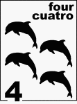 Bilingual Counting Card featuring illustrations of four Dolphins.