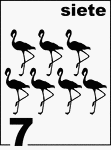 Spanish Counting Card featuring illustrations of seven Flamingos.