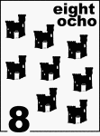 Bilingual Counting Card featuring illustrations of eight Sandcastles.