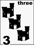 English Counting Card featuring illustrations of three Sandcastles.