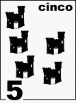Spanish Counting Card featuring illustrations of five Sandcastles.