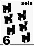 Spanish Counting Card featuring illustrations of six Sandcastles.
