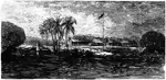 An illustration of the mouth of the Miami River. The Miami River is a river in Florida that drains out of the Everglades and runs through downtown Miami, Florida. The 5.5 mile (8.9 km) long river flows from the terminus of the Miami Canal at Miami International Airport to Biscayne Bay. It was originally a natural river inhabited at its mouth by the Tequesta Indians, but it was dredged and is now polluted because of its proximity to the Miami-Dade County. The mouth of the river is now home to the Port of Miami and many other businesses whose pressure to maintain it has helped to improve the river's condition.