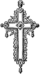 A crystal cross set in enameled gold created by a German craftsman in the 16th century.