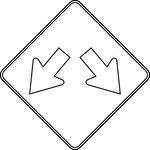 The Double Arrow sign may be used to advise road users that traffic is permitted to pass on either side of an island, obstruction, or gore in the roadway. Traffic separated by this sign may either rejoin or change directions.