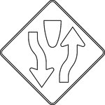 A Divided Highway symbol sign should be used on the approaches to a section of highway (not an intersection or junction) where the opposing flows of traffic are separated by a median or other physical barrier. The word message DIVIDED HIGHWAY or DIVIDED ROAD sign may be used as an alternate to the symbol sign.