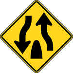 A Divided Highway Ends symbol sign should be used in advance of the end of a section of physically divided highway (not an intersection or junction) as a warning of two-way traffic ahead.