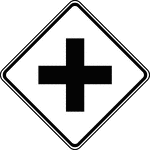 A Cross Road symbol sign may be used in advance of an intersection to indicate the presence of an intersection and the possibility of turning or entering traffic. The relative importance of the intersecting roadways may be shown by different widths of lines in the symbol. An advance street name plaque may be installed above or below an Intersection Warning sign.