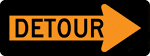 Each detour shall be adequately marked with standard temporary route signs and destination signs. Detour signs in TTC incident management situations may have a black legend and border on a fluorescent pink background. The Detour Arrow sign may be used where a detour route has been established. The Detour Arrow sign should normally be mounted just below the ROAD CLOSED sign. The Detour Arrow sign should include a horizontal arrow pointed to the right or left as required.