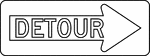 Each detour shall be adequately marked with standard temporary route signs and destination signs. Detour signs in TTC incident management situations may have a black legend and border on a fluorescent pink background. The Detour Arrow sign may be used where a detour route has been established. The Detour Arrow sign should normally be mounted just below the ROAD CLOSED sign. The Detour Arrow sign should include a horizontal arrow pointed to the right or left as required.
