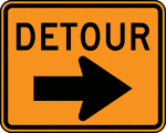 Each detour shall be adequately marked with standard temporary route signs and destination signs. Detour signs in TTC incident management situations may have a black legend and border on a fluorescent pink background. The DETOUR sign should be used for unnumbered highways, for emergency situations, for periods of short durations, or where, over relatively short distances, road users are guided along the detour and back to the desired highway without route signs. A Street Name sign should be placed above, or the street name should be incorporated into, a DETOUR sign to indicate the name of the street being detoured.