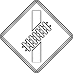 The Skewed Crossing sign may be used at a skewed highway-rail grade crossing to warn drivers that the railroad tracks are not perpendicular to the highway. If the Skewed Crossing sign is used, the symbol should show the direction of the crossing (near left to far right as shown in Figure 8B-5, or the mirror image if the track goes from far left to near right). If the Skewed Crossing sign is used where the angle of the crossing is significantly different than 45 degrees, the symbol should show the approximate angle of the crossing.