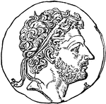 An illustration of a coin with the face of Perseus of Macedonia. Perseus the legendary founder of Mycenae and of the Perseid dynasty there, was the first of the mythic heroes of Greek mythology whose exploits in defeating various archaic monsters provided the founding myths in the cult of the Twelve Olympians. Perseus was the hero who killed Medusa and claimed Andromeda, having rescued her from a sea monster.