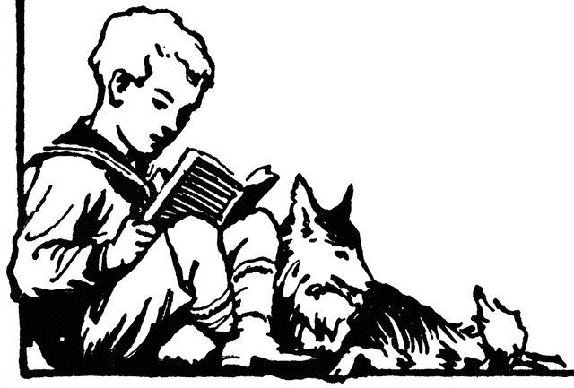 Young Boy Sitting with Dog Reading
