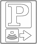 This is an example of a directional sign with a secondary symbol. It is used to indicate that amphitheater parking is located to the right.