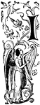 An illustration of a decorative letter I with an angel playing the harp.