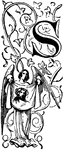 A decorative letter S with illustrated with an angel below the letter holding a cloth.