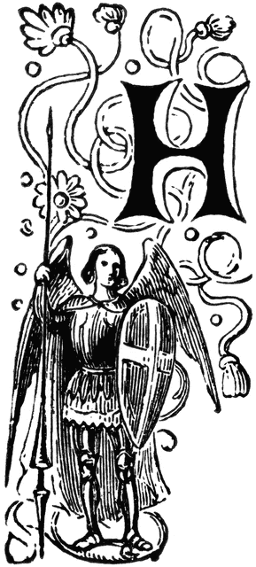 Decorative Letter H with Angel Holding Spear and Shield
