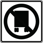 "The National Network Prohibition sign may be used to identify routes, portions of routes, and ramps where trucks are prohibited. The sign may also be used to mark the ends of designated routes."-Federal Highway Administration, 2007