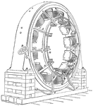 A picture of a 650-kilowatt direct-connected generator. This compound-wound generator, also known as a dynamo, are almost entirely used for railways. A represents the frame, B represents the wheel that starts the generator, R and R' represent rings that are attached to the frame, and T and T' represent armature cables.