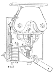 A circuit breaker like the ones found on a railway switchboard. Circuit breakers are used to switch the circuit of in a magnetic field on and off. The main current enters through rear post A; B is the heavy tripping coil that of wire that the main current passes through, thus operating the breaker; C contact block; the main current passes from C to D, which is a copper bridge; E is a heavy block where the current goes through after D. To set the breaker, the handle L is pulled. This causes a reaction that stops the flow of the electrical current through the system.