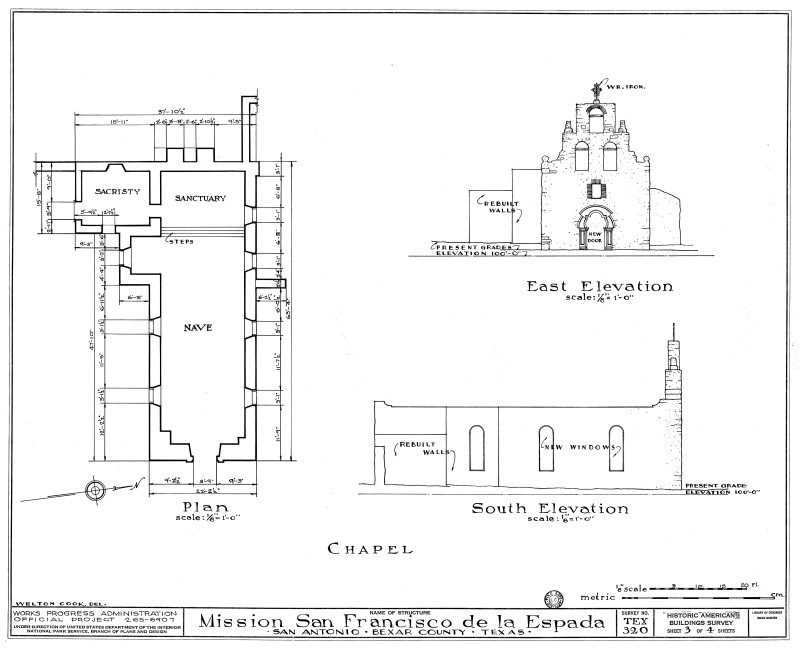 Mission Espada Chapel Plan and Elevation Drawings 1937