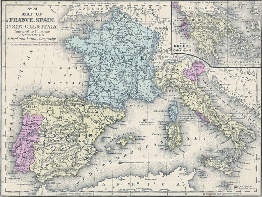 Map of France, Spain, Portugal, Italy, and Greece