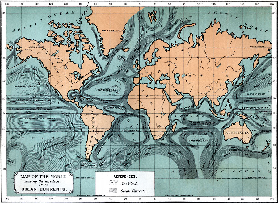 Map of the World showing the direction of the Ocean Currents