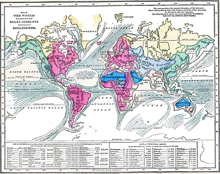 Map of the World showing the principal Ocean Currents and boundaries of River Systems