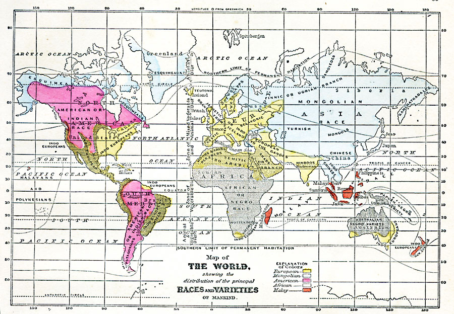 Map of the World showing the distribution of the Principal  Races and Varieties of Mankind