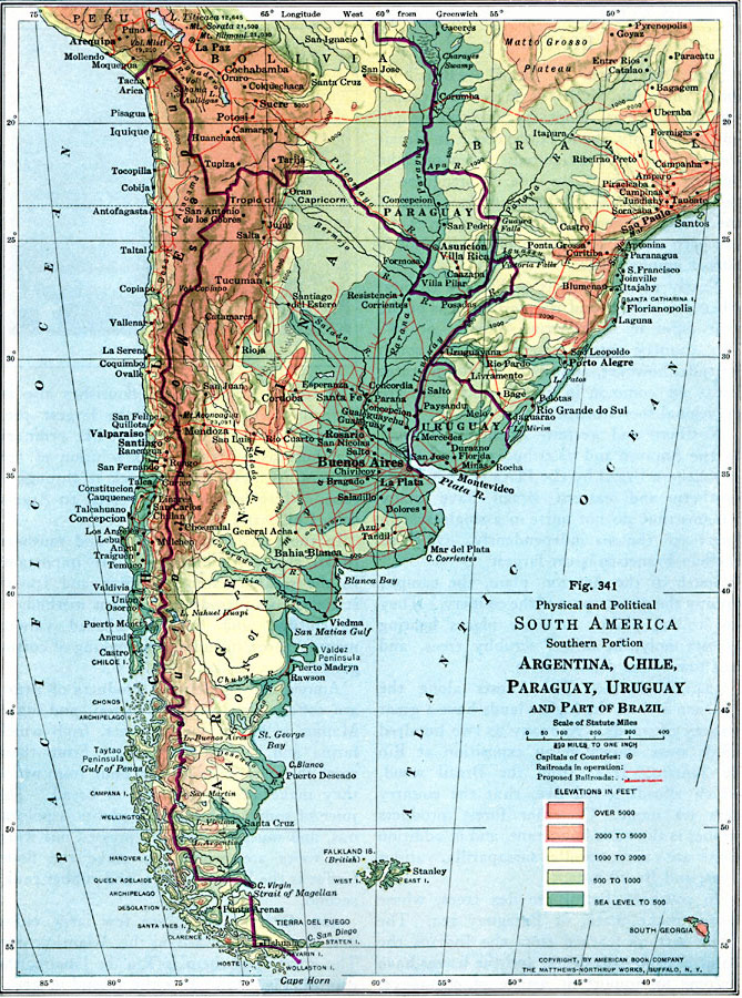 Physical and Political Map of Southern South America