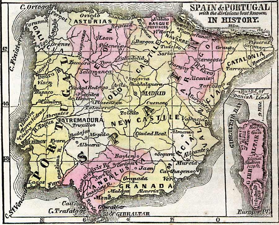 Map of Spain and Portugal with the divisions best known in history