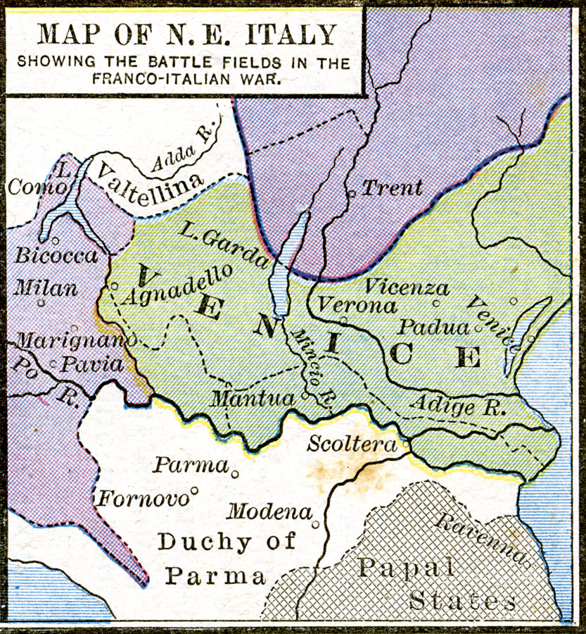 Map of N. E. Italy showing the battlefields in the Franco-Italian War