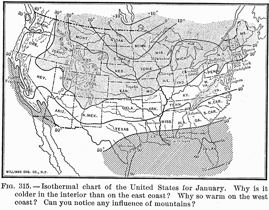 Isothermal chart of the United States for January