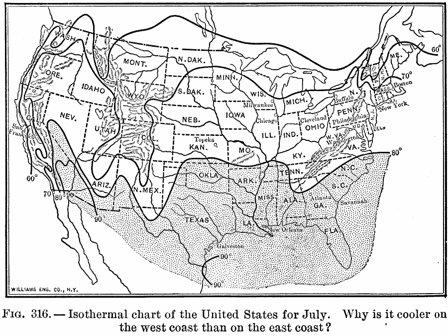 Isothermal chart of the United States for July