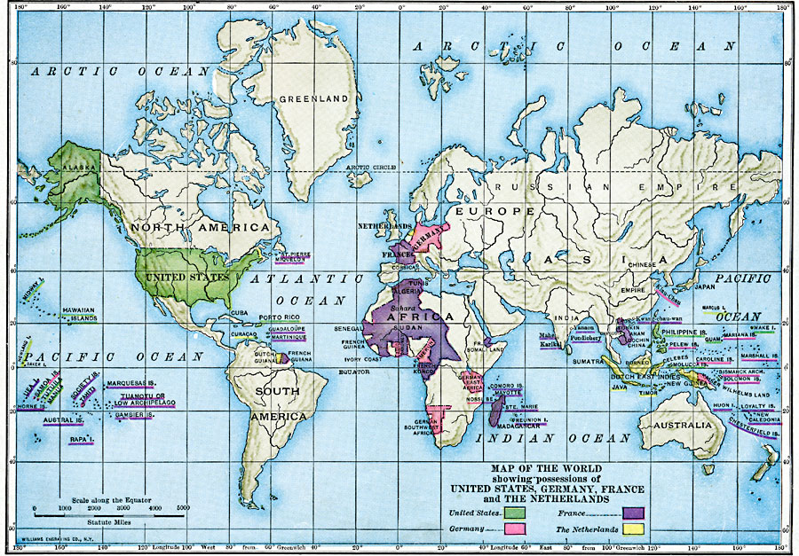 Map of the World showing possessions of United States, Germany, France, and the Netherlands