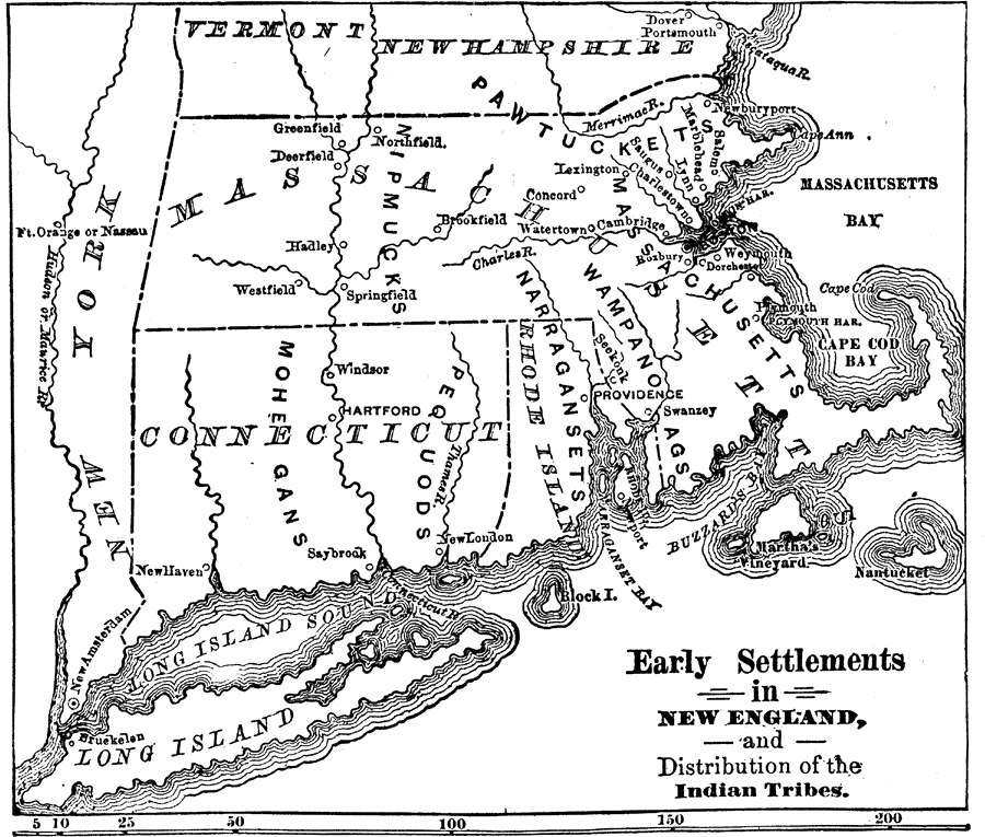 Early Settlements in New England and Distribution of the Indian Tribes