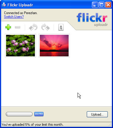 Flickr Uploadr, Upload screen