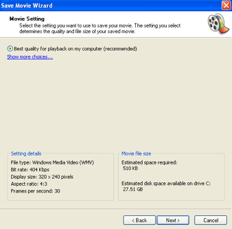 Save Movie Wizard, Movie Setting